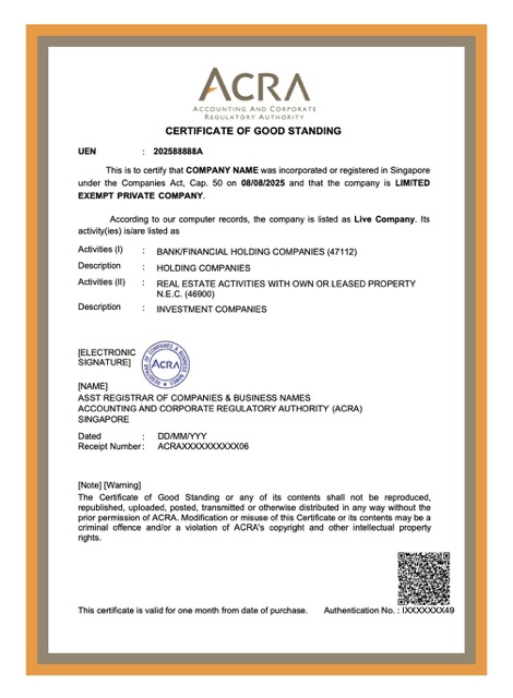 Singapore certificate of good standing Word and PDF template, version 2